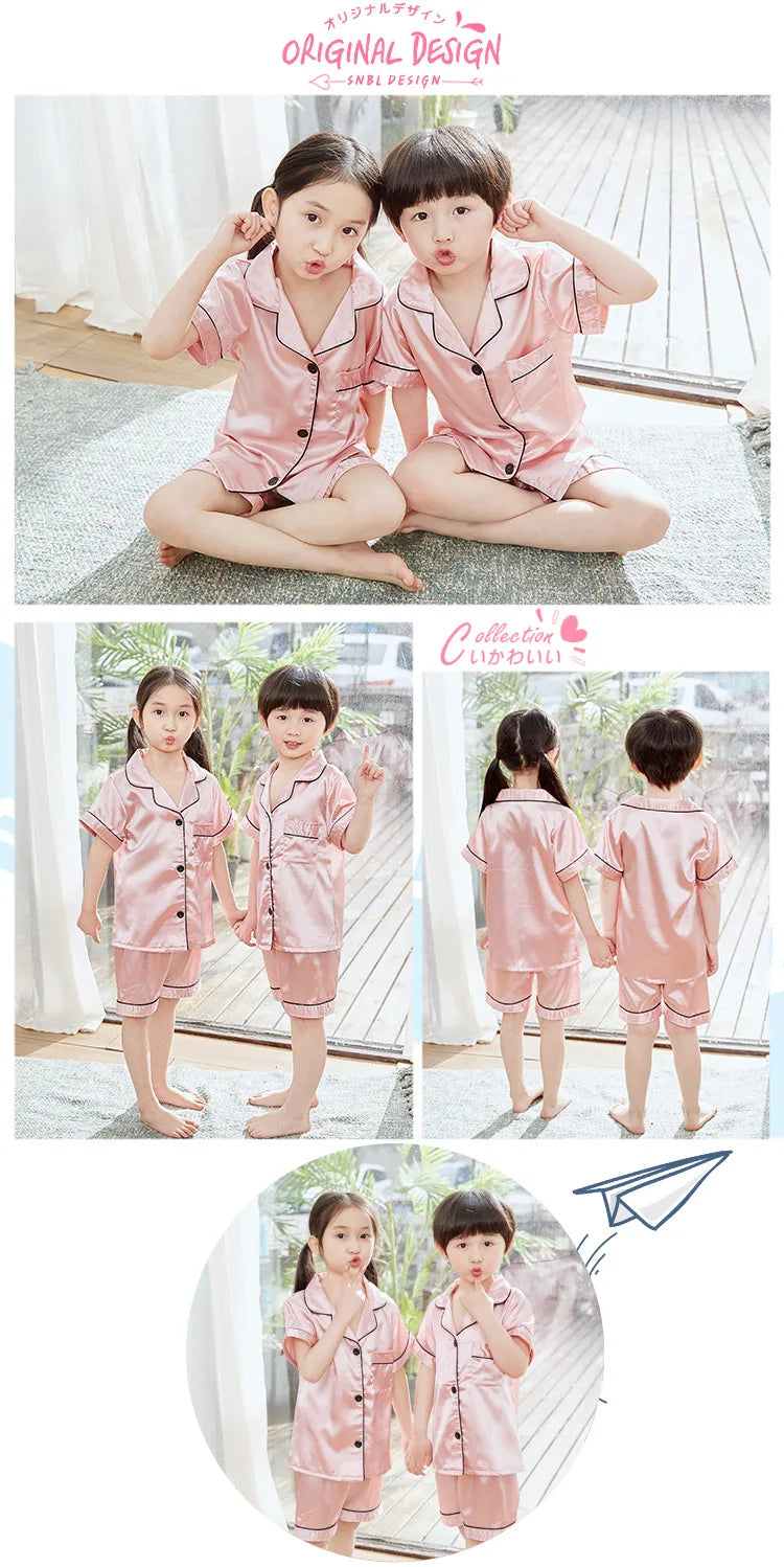 Boy Girl Satin Silk Pajamas Short Sets for Kids Toddler 3 4 5 6 7 8 9 10 11 12 13 14 Years Pink Summer Children Pijama Sleepwear