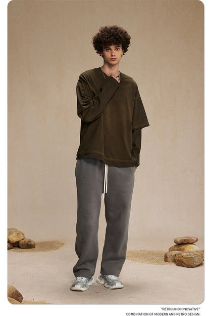 ZODF New 2024 Autumn Fake 2 Pieces T-Shirt For Men Unisex Loose Solid Long Sleeve O-Neck 305gsm Cotton T Shirt Brand Tops HY0944