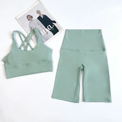 2 Pieces Yoga Shorts Gym Sports Sets Women Fitness Suits Cross Back Bra Top High Waist Shorts Running Workout Clothes Tracksuit