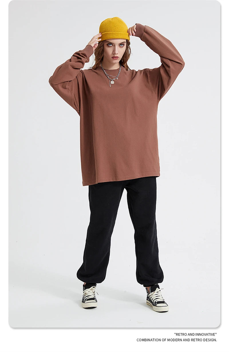 ZODF Retro Autumn Full Sleeve Washed 100% Cotton T-Shirts For Men Unisex Solid Casual Loose 310gsm Tee Brand Tops HY0405