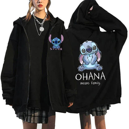 Women's Oversized Zipper Hoodie MINISO Luxury Brand Disney Lilo and Stitch Couple Hooded Sweatshirt Autumn and Winter Warm Jacke