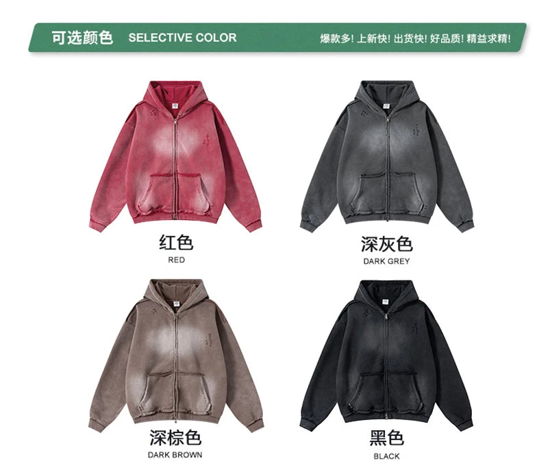 ZODF Retro Winter Men 400gsm Monkey Washed Zipper Hoodie Unisex High Street Loose Edge Ripped Distressed Hooded Pullovers HY1117