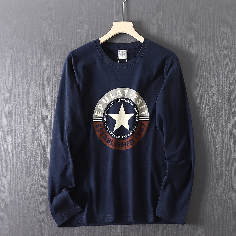 2025 Autumn New American Retro Long-sleeved O-neck Letter Printed T-shirt Men's Fashion 100% Cotton Washed Casual Sport Tops