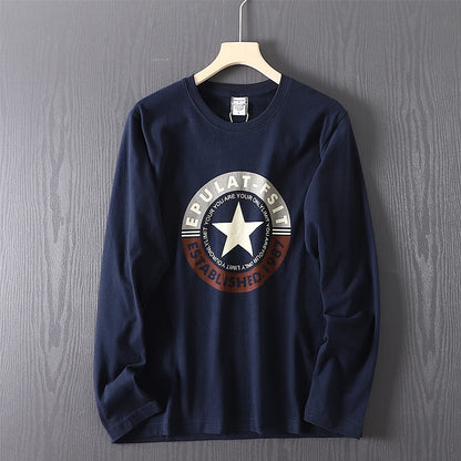 2025 Autumn New American Retro Long-sleeved O-neck Letter Printed T-shirt Men's Fashion 100% Cotton Washed Casual Sport Tops