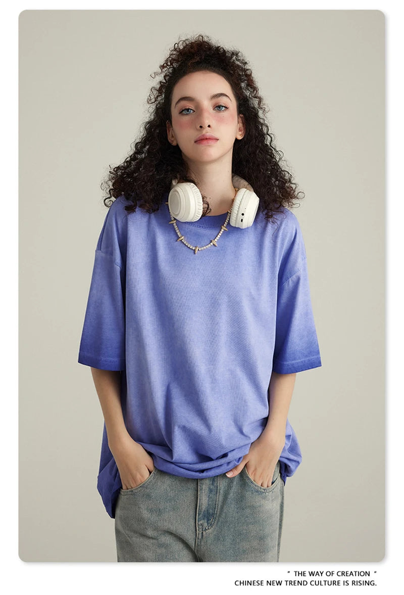 ZODF 2023 Men's Summer 255G Wash Gradient Fried Cotton T Shirt Round Neck Short Sleeve American Retro Loose T-Shirt HY0547