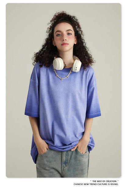 ZODF 2023 Men's Summer 255G Wash Gradient Fried Cotton T Shirt Round Neck Short Sleeve American Retro Loose T-Shirt HY0547