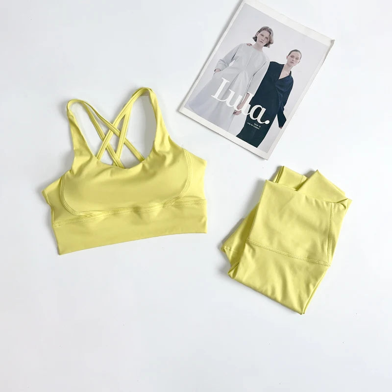 2 Pieces Yoga Set Women Gym Set Workout Clothes Sports Suits High Waist Leggings Cross Straps Fitness Bra Top Running Tracksuit