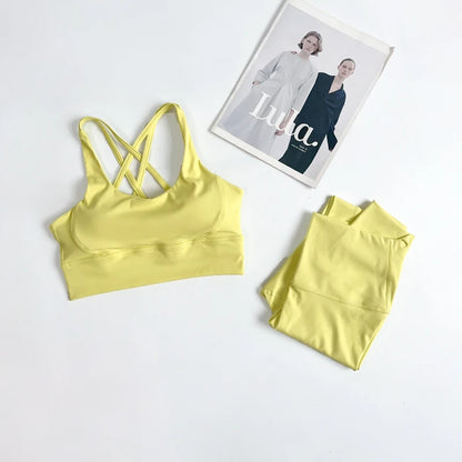 2 Pieces Yoga Set Women Gym Set Workout Clothes Sports Suits High Waist Leggings Cross Straps Fitness Bra Top Running Tracksuit