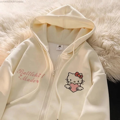 2025 New Sanrio Hello Kitty Jacket 2000s Zip Hoodie White Sweatshirt Young Women Fall Winter Kawaii Lolita Jacket Student Tops