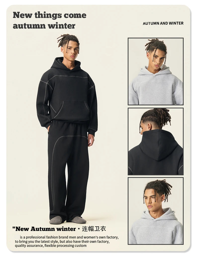 ZODF Trendy Men 350gsm Fleece Loose Boxy Fit Hooded Hoodie Unisex Hip Hop Solid Warm Pullovers Coat For Winter HY0032