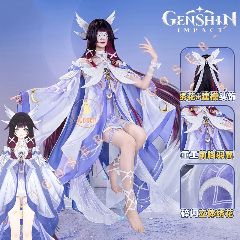 Genshin Impact Columbina Cosplay Costume Wig The Damselette Dress Uniform Eye Mask Eleven Fatui Harbingers Halloween Women Girls