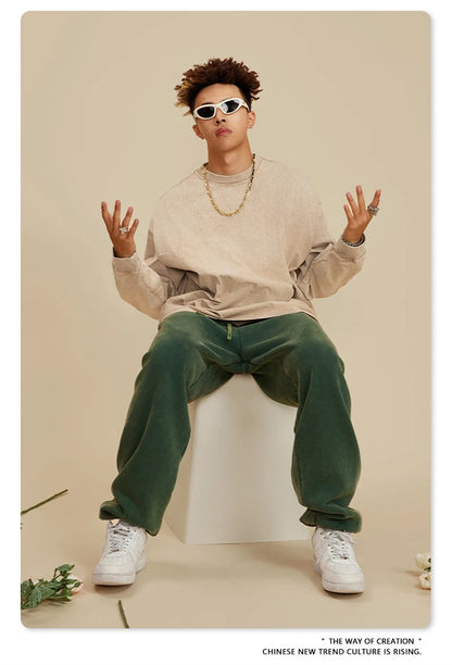 ZODF Retro 2025 Men Autumn Batik Washed T Shirt Unisex Oversized Basic Long Sleeve Solid 270gsm Cotton T-Shirts Tees HY0641