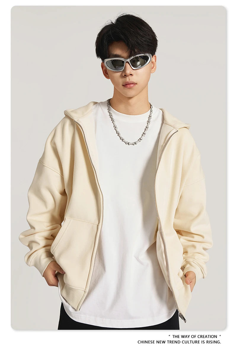 ZODF New Winter Men Zipper Fleece Hoodies Unisex Loose Heavy Weight Thick Warm Basic 420gsm Hooded Coats Hoodie HY0747