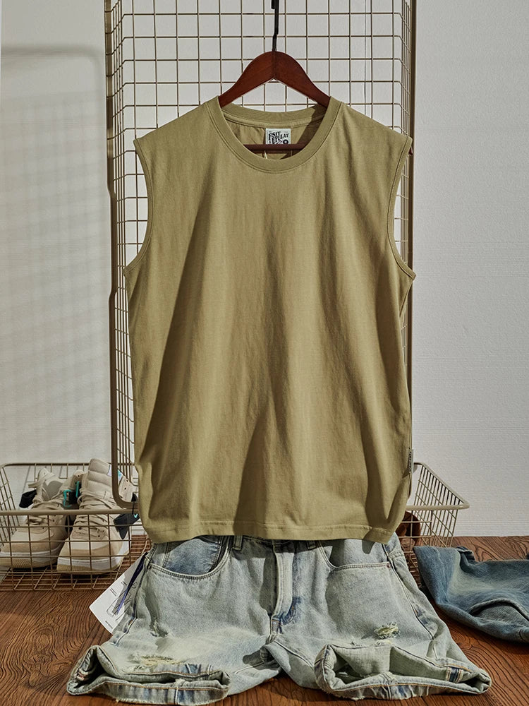 Summer New American Retro Sleeveless O-neck Soild Color T-shirt Men's Fashion 100% Cotton Washed Old Casual Sports Vest Tops