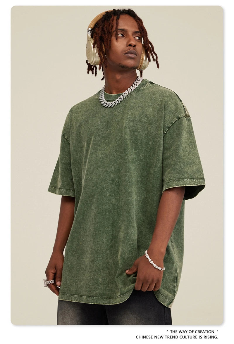 ZODF New Summer Men Washed Batik Cotton T Shirts Unisex American Retro High Street 270gsm Short Sleeve Tees Streetwear HY0489