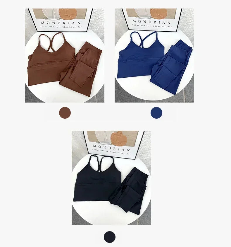 2 Piece Yoga Set Sportswear Fitness Suit with Sexy Cross Back Top and High Waist Elastic Leggings for Running Workout