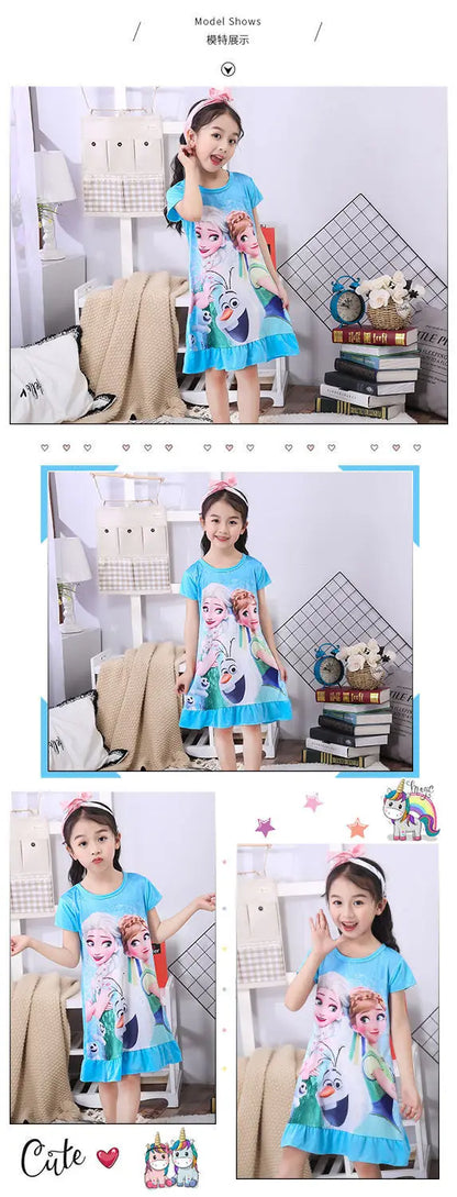Girls Night Dress Summer Cartoon Snow White Frozen Princess Elsa Mermaid Print Toddler Girl Nightgown for Teens