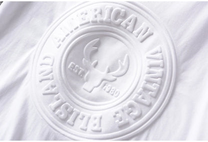 2025 Summer New American Retro Short-sleeved O-neck 3D Letter Printed T-shirt Men's Fashion 100% Cotton Washed Casual Sport Tops