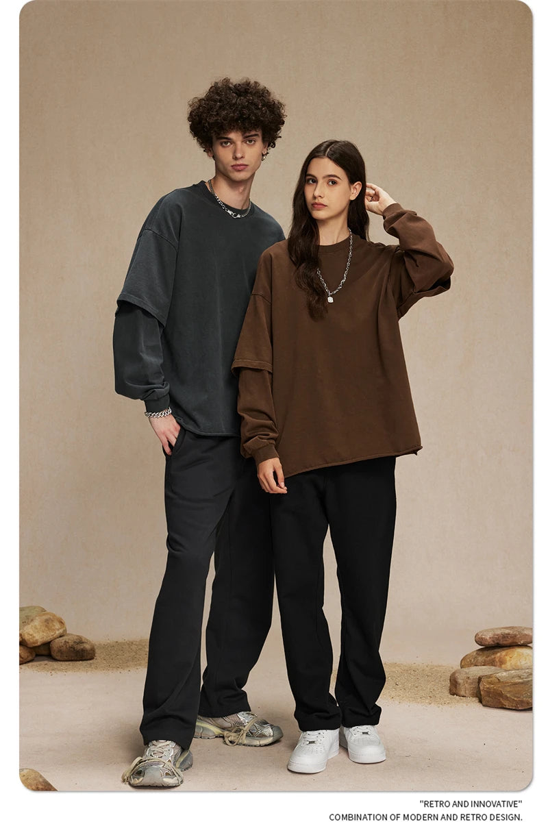 ZODF Retro Autumn Men Washed Cotton T-Shirts Unisex Loose Edge Fake 2-Piece 345gsm Full Sleeve O Neck T Shirt Brand Tops HY0928