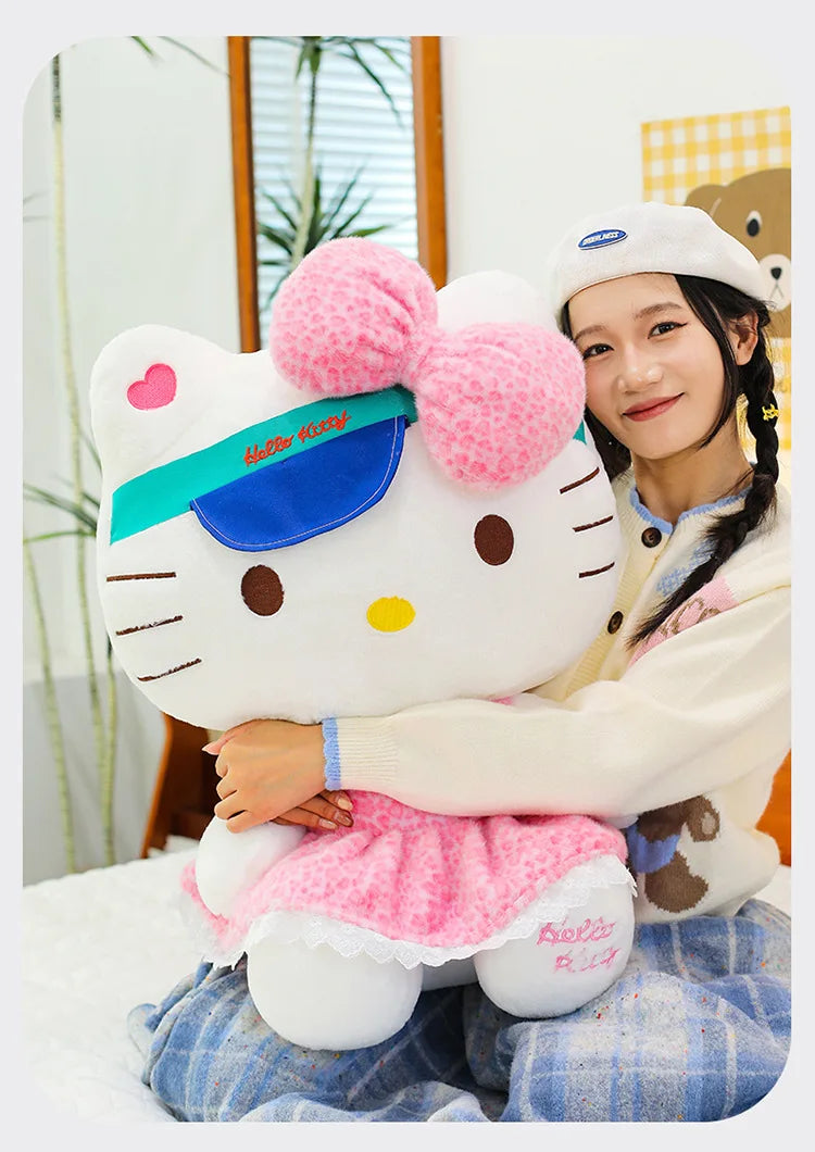 New Sanrio Plush Leopard Print Baseball Cap KT Cat Hello Kitty Stuffed Animal Kitten Pillow Doll for Kids Birthday Xmas Gift For