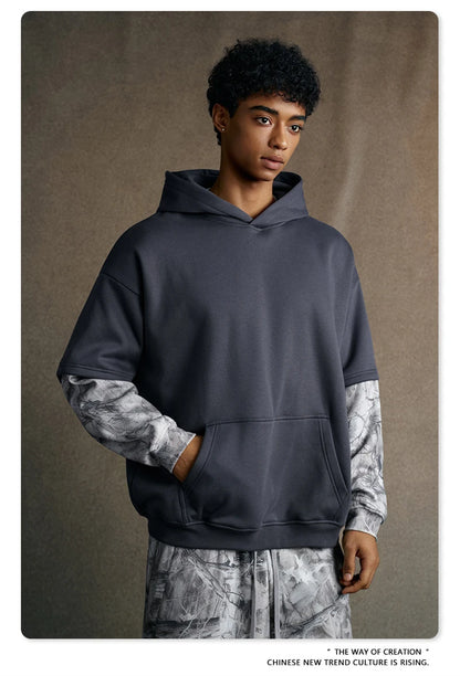 ZODF Fashion Winter Fake 2-Piece 340gsm Fleece Hoodies For Men Unisex High Street Camouflage Sleeve Hooded Pullovers HY1153