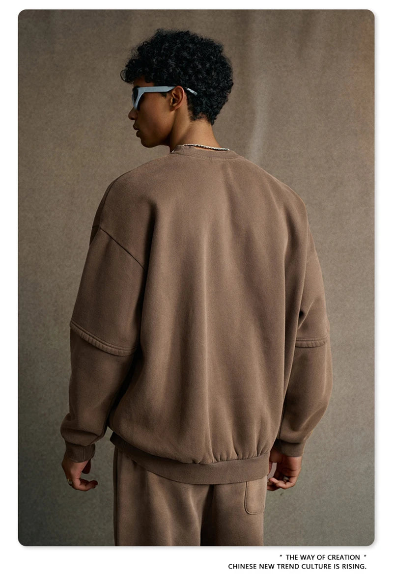 ZODF Trendy 2025 Winter Man 360gsm Washed Fleece Hoodies Unisex Patchwork Loose Fake 2 Pieces Knitted O Neck Sweatshirts HY1089