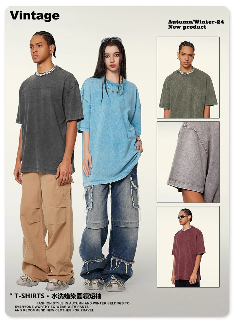 ZODF New Summer Men Washed Batik Cotton T Shirts Unisex American Retro High Street 270gsm Short Sleeve Tees Streetwear HY0489