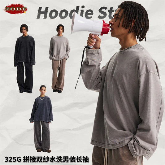 ZODF Vintage Autumn Batik Washed Cotton Man's T-Shirts Unisex Distressed Patchwork Full Sleeve T Shirt Brand Streetwears HY1163