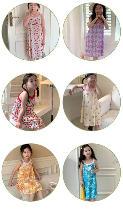 Girl Night Dress Children's Pajamas Sleepwear Teen Girls Nightgown 2 to 12 13 14 Years Blue Floral Summer Sleeveless Cartoon Pjs