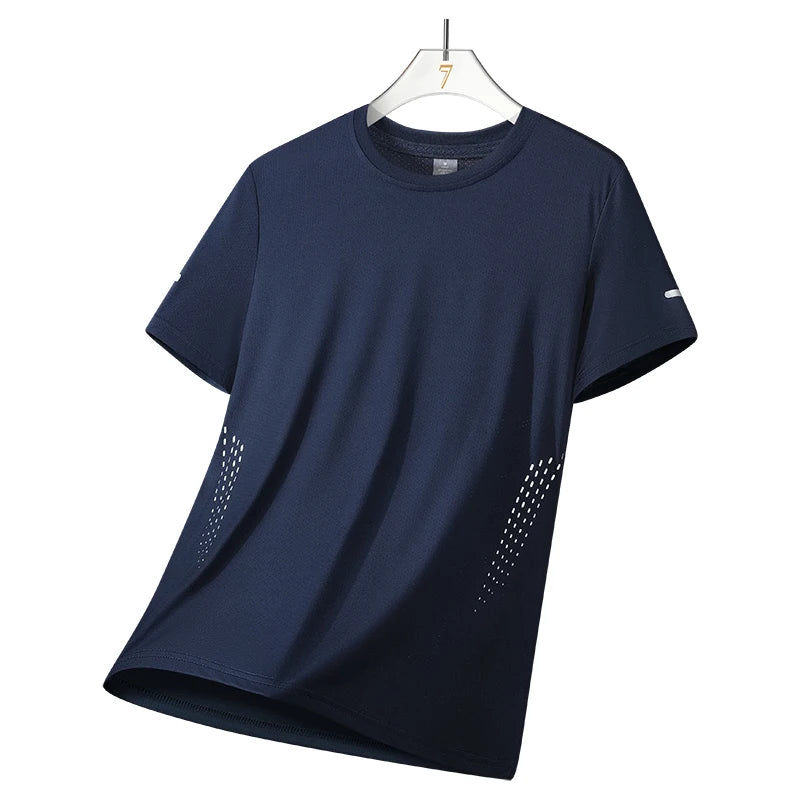 Chrlck Men’s Quick Drying Breathable Running T-Shirt Soft Elastic Outdoor Sports Shirt Summer - Navy1 / 5XL(90-100kg)
