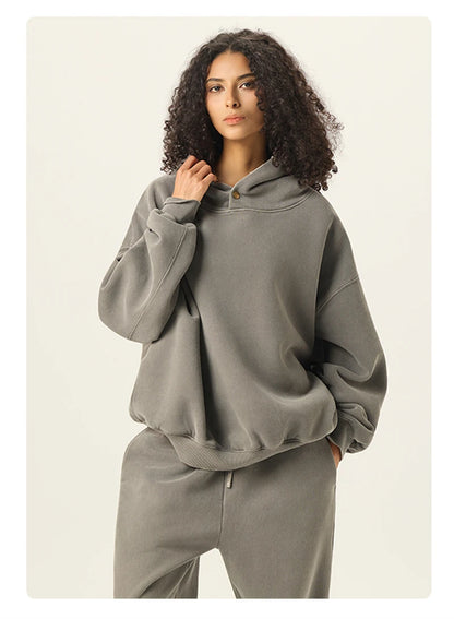 ZODF Vintage 350gsm Man Washed Boxy Fleece Hoodie Unisex Loose Ripped Warm Button Winter Hooded Pullovers Brand Clothing HY0053