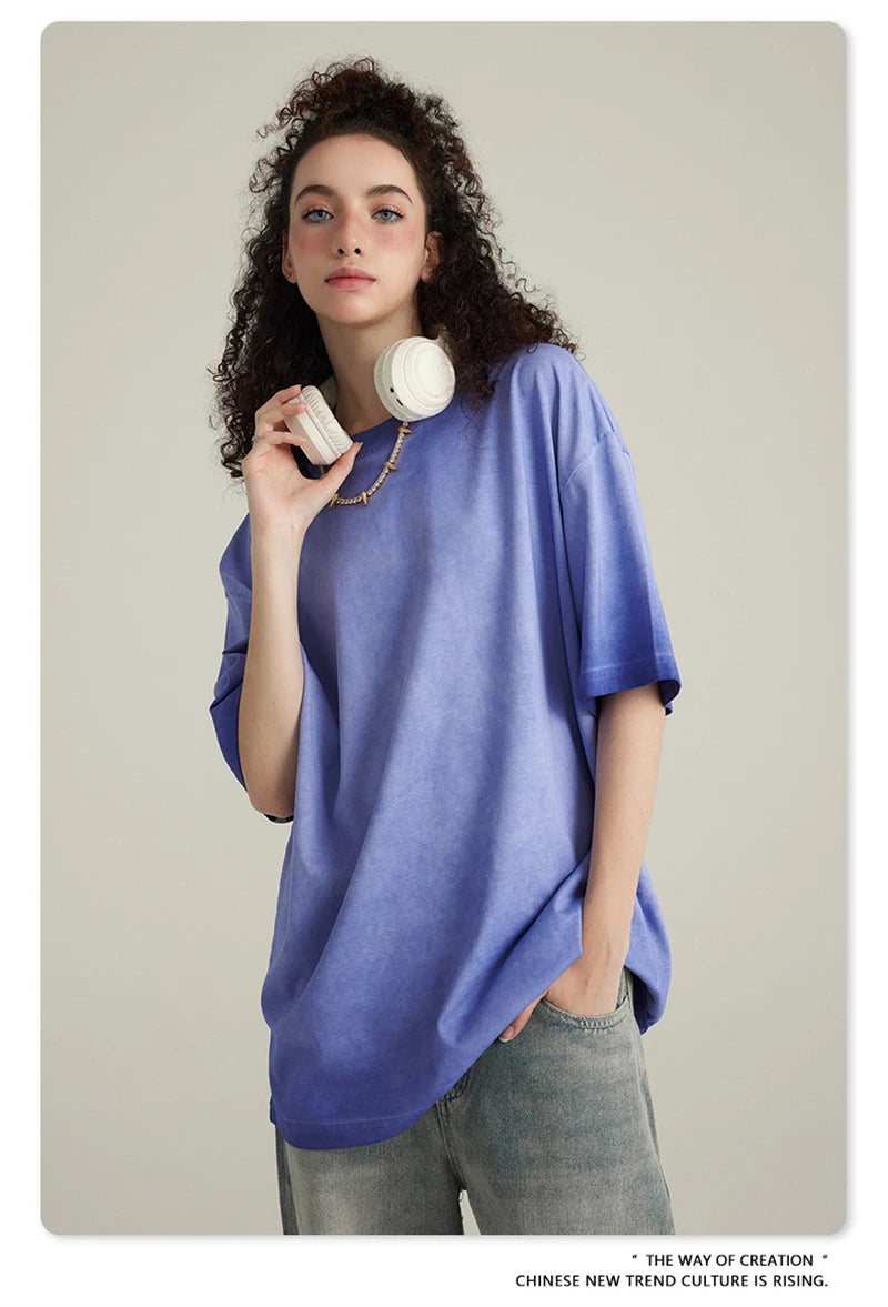 ZODF 2023 Men's Summer 255G Wash Gradient Fried Cotton T Shirt Round Neck Short Sleeve American Retro Loose T-Shirt HY0547