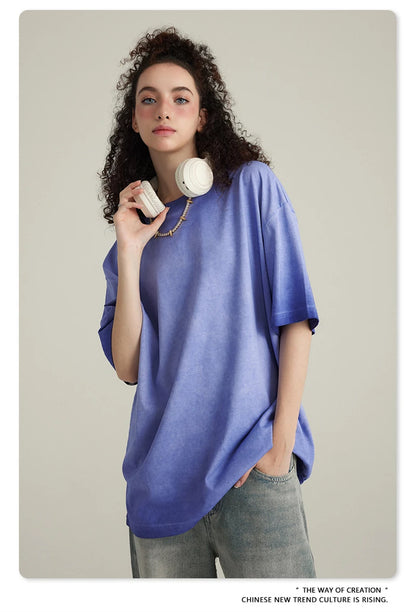 ZODF 2023 Men's Summer 255G Wash Gradient Fried Cotton T Shirt Round Neck Short Sleeve American Retro Loose T-Shirt HY0547