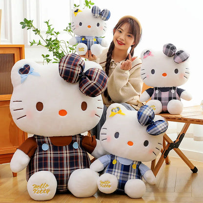 Sanrio Hello Kitty Plush Toy Retro Plaid Skirt Kitty Doll Stuffed Animal Creative Gift for Kids Birthday Christmas Girls Pillow