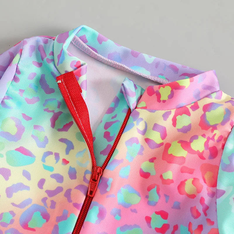 Toddler Girls Swimsuit with Sun Hat Set 1 to 2 3 4 5 6 Years Leopard Ruffle Sleeve Zip Up One-pieced Swimwear Beachwear for Baby