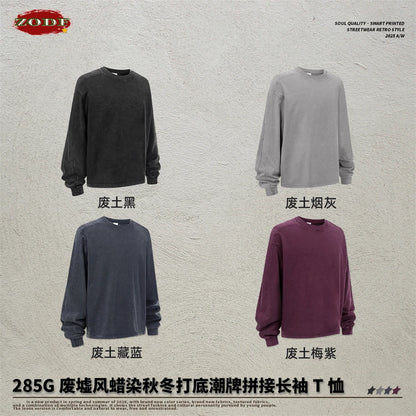 ZODF Retro 285gsm Batik Washed Cotton Man's T-Shirts Unisex Solid Loose Distressed Patchwork Full Sleeve Tee Shirt Tops HY1161