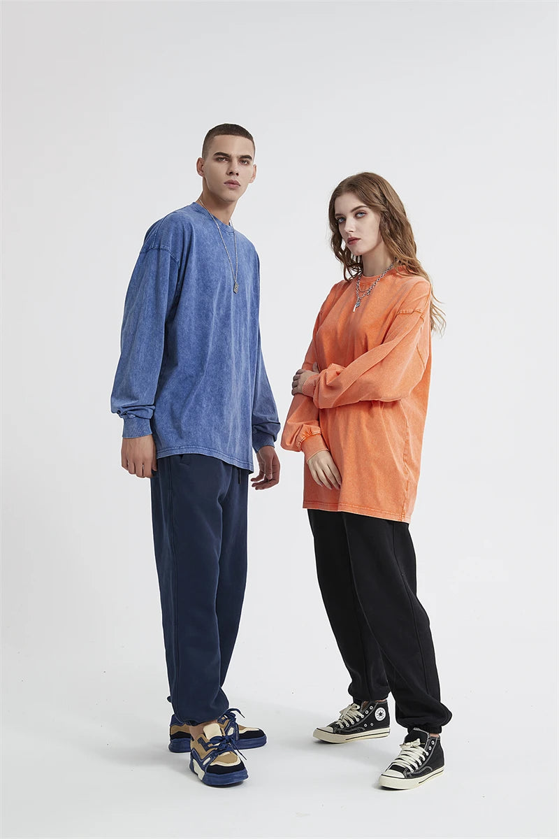 ZODF Retro Men Long Sleeve Washed Cotton T Shirt Unisex Loose 250gsm Basic Atumn TEES Tops Brand Streetwears HY0394