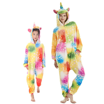 Pink Kigurumi Unicorn Pajamas for Family Set Outfits Cute Winter Flannel Soft Warm Children Pyjamas Mommy and Me Matching Outfit
