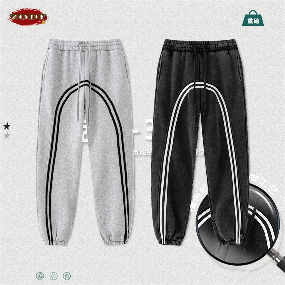 ZODF New Autumn Winter Men Fleece Sweatpants Women Unisex 332gsm Washed Ribbon Warm Joggers Pants Brand Clothes HY0877