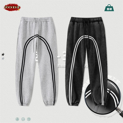 ZODF New Autumn Winter Men Fleece Sweatpants Women Unisex 332gsm Washed Ribbon Warm Joggers Pants Brand Clothes HY0877