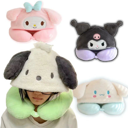 Sanrio Lovely U-shaped Hooded Neck Pillow Pochacco Kuromi My Melody Cinnamoroll Travel Blackout Pillow With Hat Portable Girl