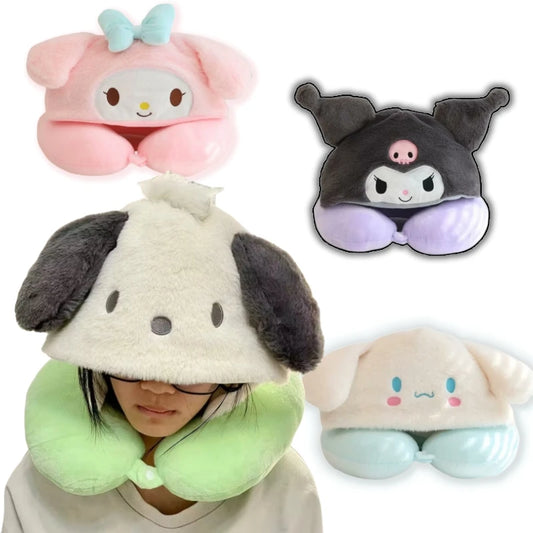 Sanrio Lovely U-shaped Hooded Neck Pillow Pochacco Kuromi My Melody Cinnamoroll Travel Blackout Pillow With Hat Portable Girl