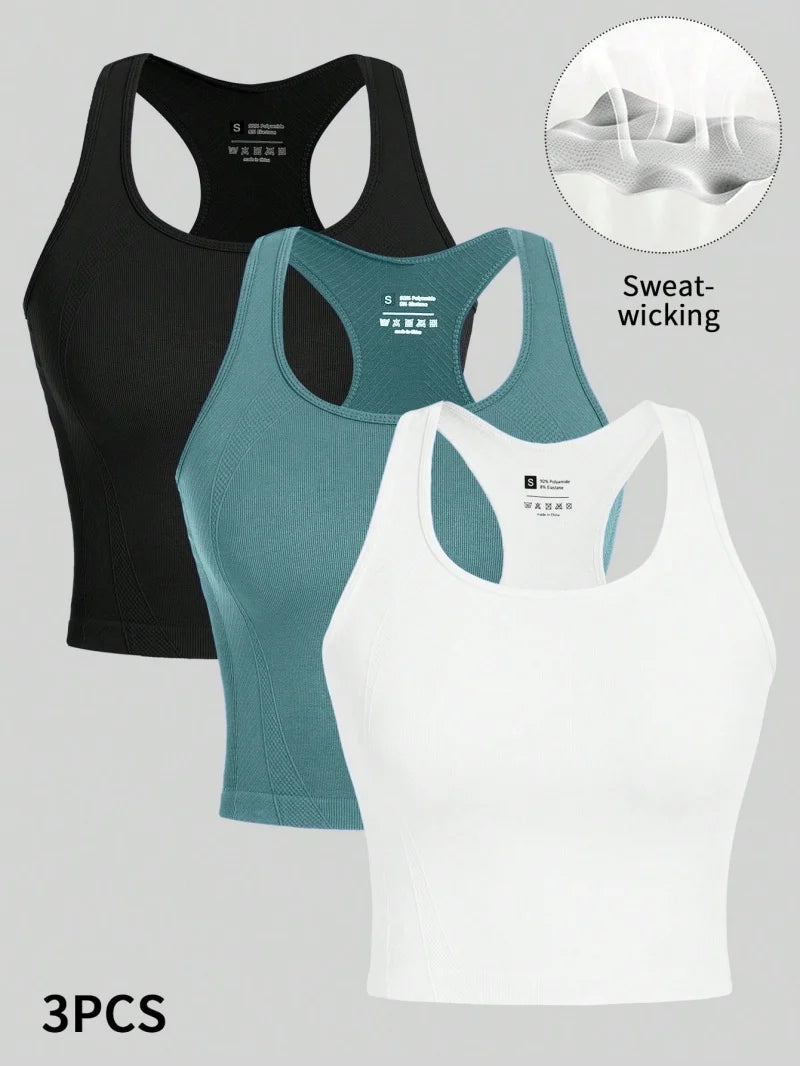 3 Piece Women’s Yoga Vest Set Seamless Racerback Crop Tops Rib Knit Breathable Workout Tank Top