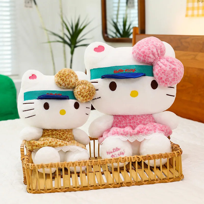 New Sanrio Plush Leopard Print Baseball Cap KT Cat Hello Kitty Stuffed Animal Kitten Pillow Doll for Kids Birthday Xmas Gift For