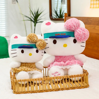 New Sanrio Plush Leopard Print Baseball Cap KT Cat Hello Kitty Stuffed Animal Kitten Pillow Doll for Kids Birthday Xmas Gift For