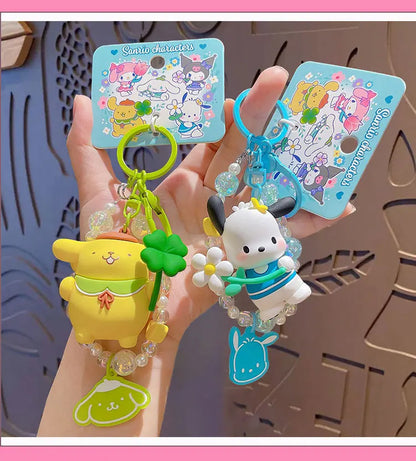 Sanrio Cartoon Animal Kuromi Pompom Purin Cinnamoroll Melody Pachacoo Pendant Keychain Key Ring Action Figure Model Toy Gifts