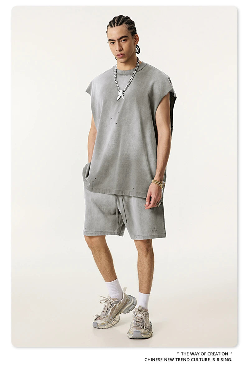 ZODF 2025 Summer 285gsm Washed Tank Tops For Men Unisex American Retro Cut Distressed Oversized Sleeveless TEE Vest HY1006
