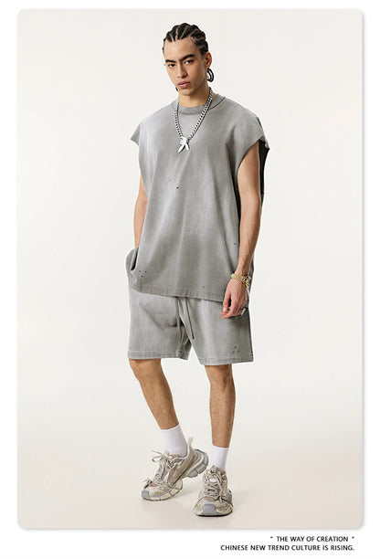 ZODF 2025 Summer 285gsm Washed Tank Tops For Men Unisex American Retro Cut Distressed Oversized Sleeveless TEE Vest HY1006