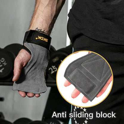 SKDK Gym Grips Cowhide Palm Guards Weightlifting Gymnastics Workout Gloves Fitness Training Equipment - black