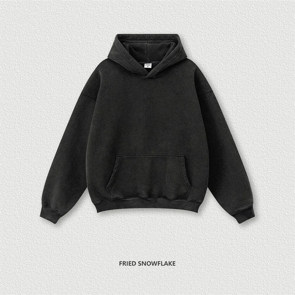 ZODF 2024 Winter Unisex Washed Fleece Hoodies 360gsm Warm Loose Retro Hooded Sweatshirts HY0870 - Fire Snowflake / XL
